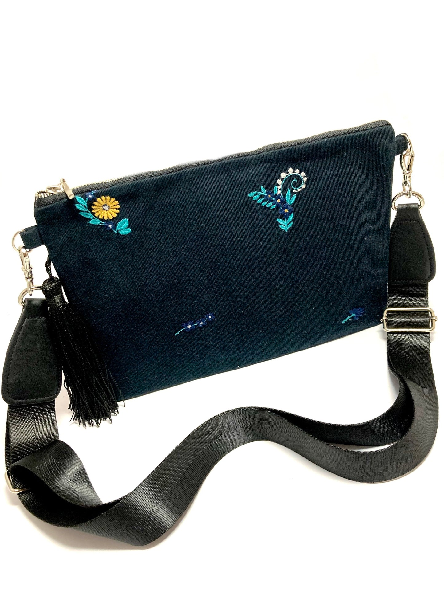 Blue embroidered bag with tassel