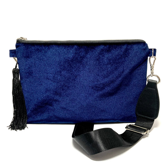 Blue velvet upcycled bag with tassel