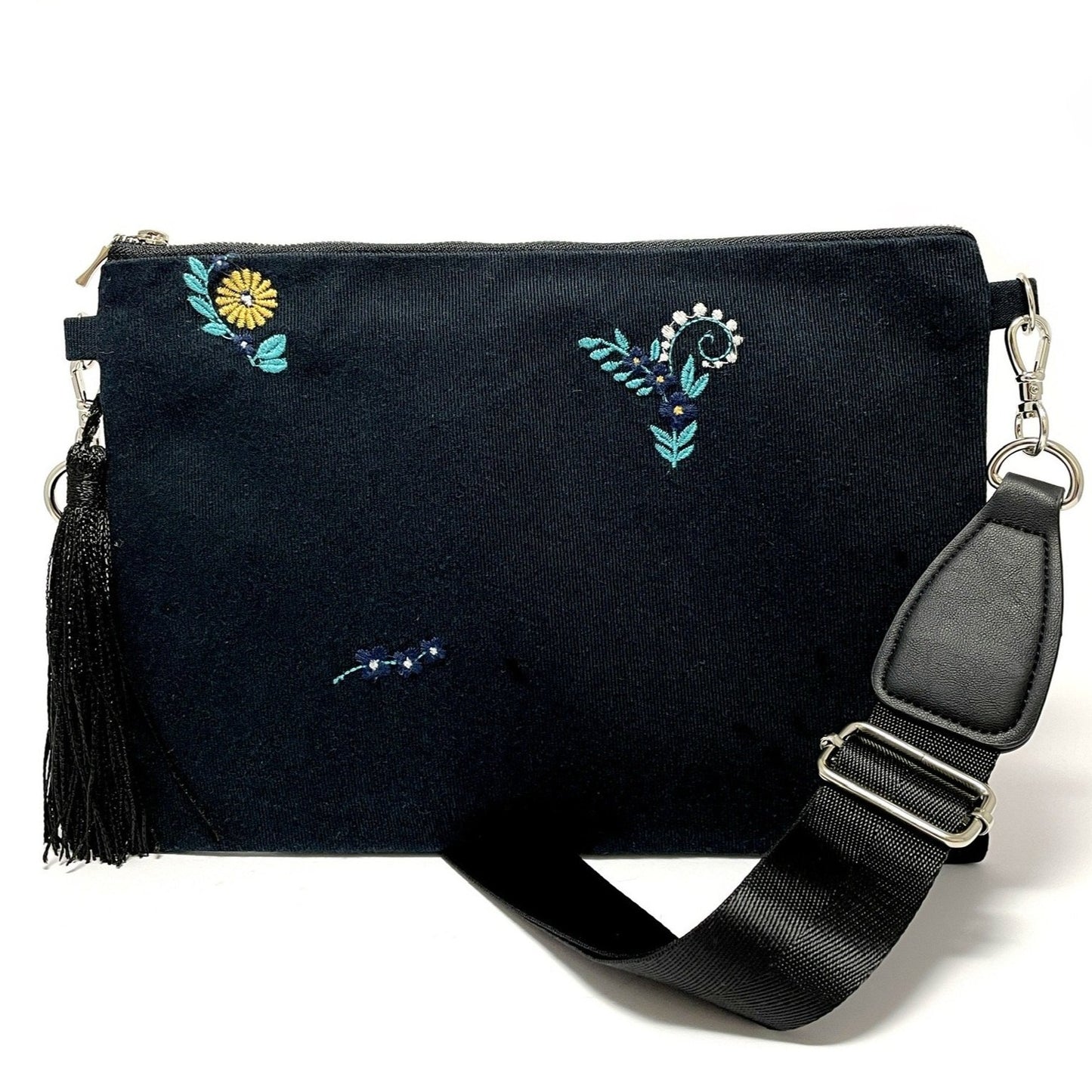 Blue embroidered bag with tassel